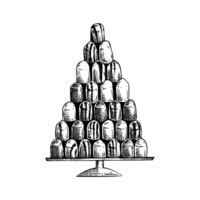 Mallow puffs sketch. Hand-drawn vector illustration. Schokokuss - delicious flavoured marshmallow filling on a waffle base. Traditional Christmas market food, dessert, sweets design element